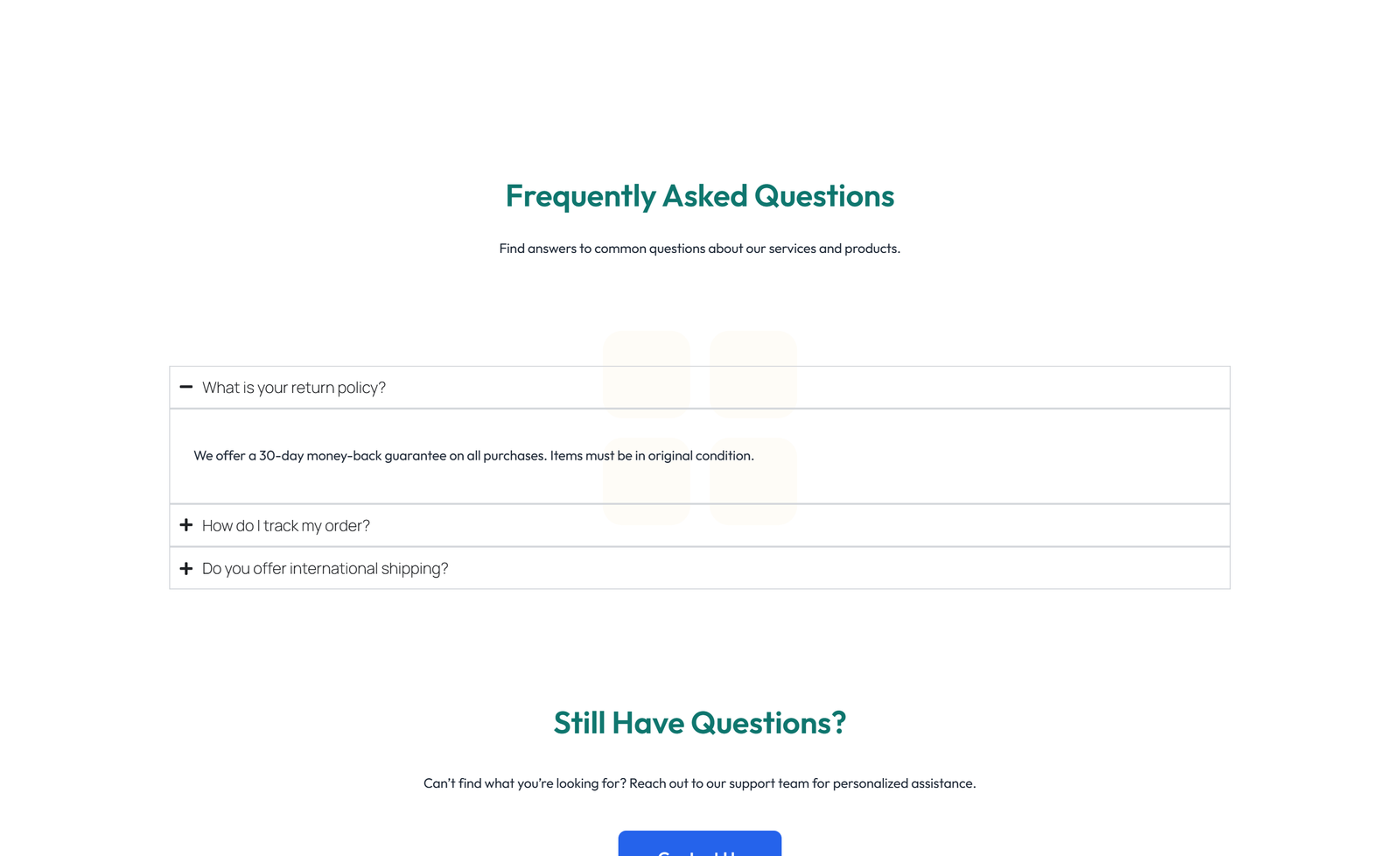 Screenshot of Centered FAQ with Accordion, Follow-up CTA 91 - Elementor FAQ Sections component