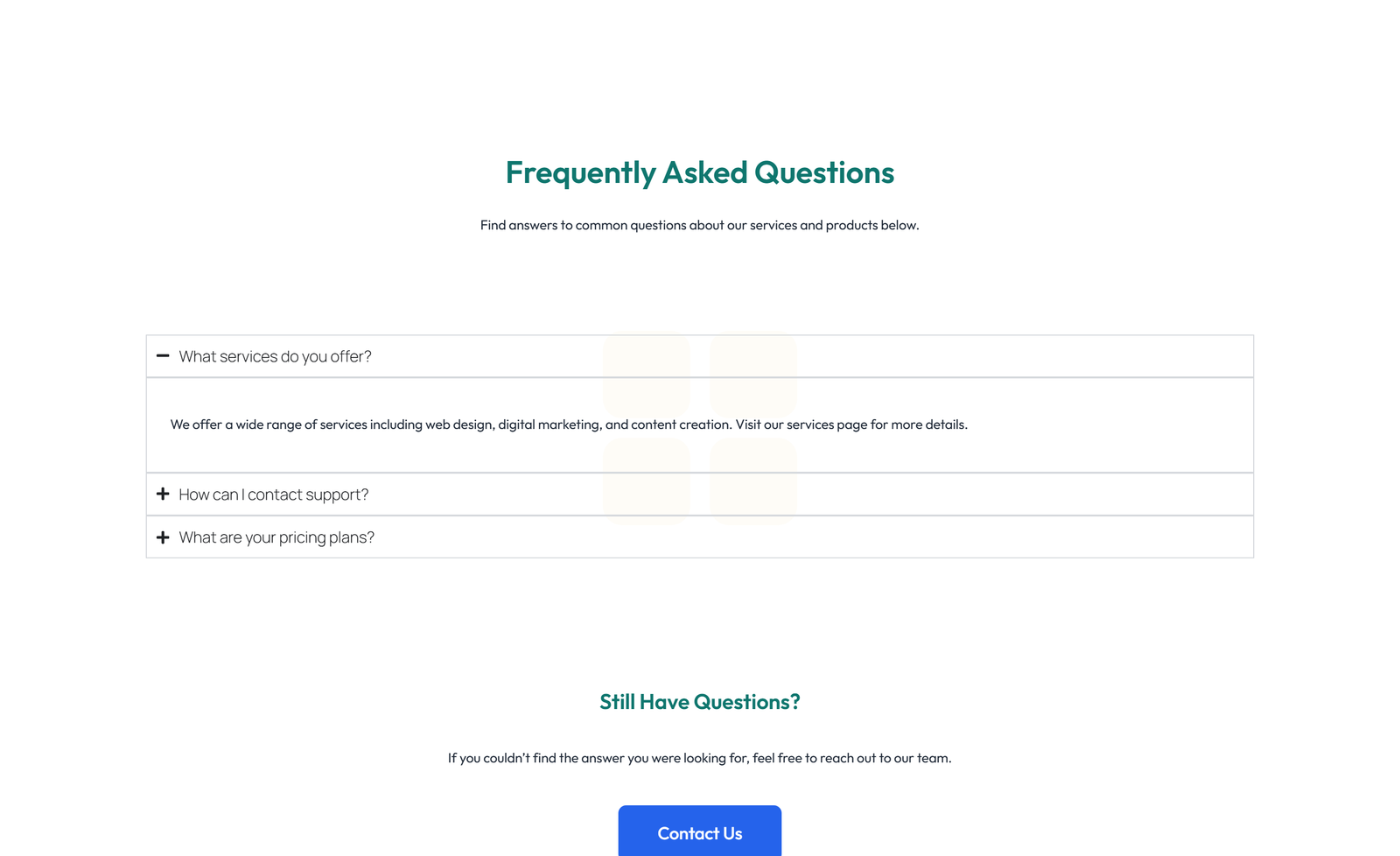 Screenshot of Split FAQ with Text and CTA Left and Accordion Right 92 - Elementor FAQ Sections component