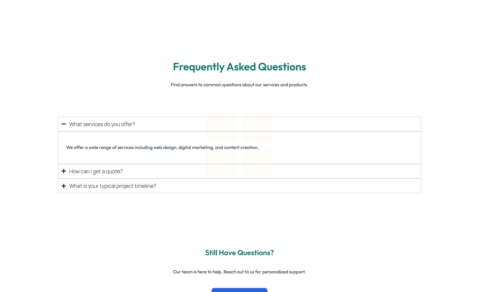 Screenshot of Centered FAQ with Accordion, Follow-up CTA 92 - Elementor FAQ Sections component