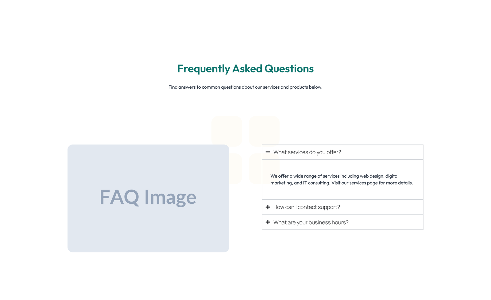 Centered FAQ with Accordion with Heading 96 - Elementor component