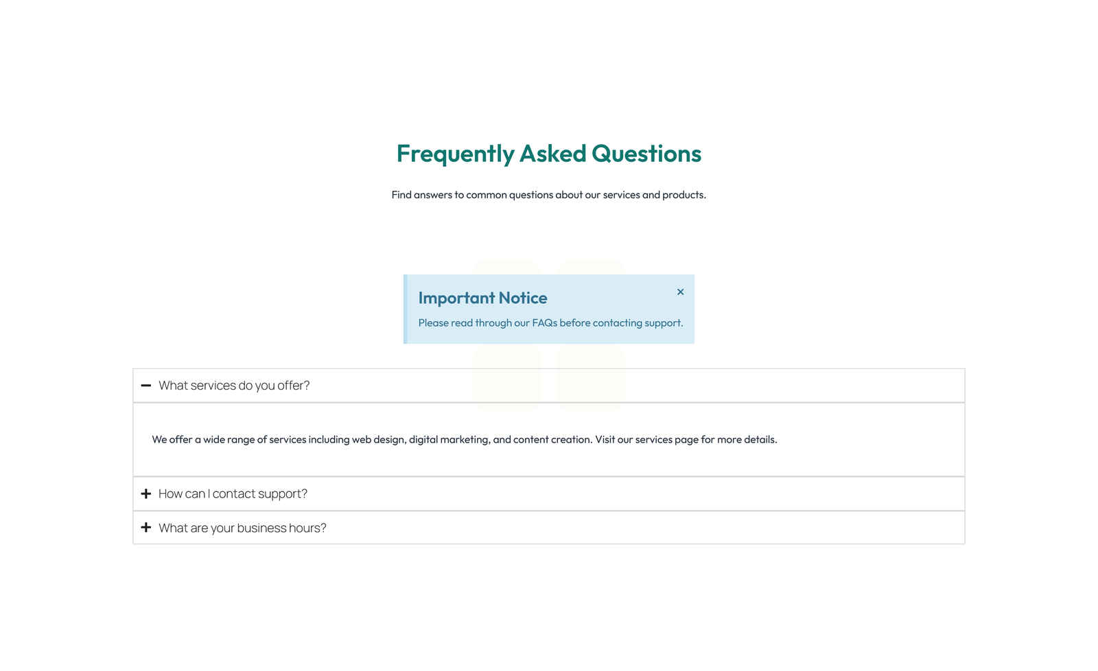 Screenshot of Split FAQ with Text and CTA Left and Accordion Right 97 - Elementor FAQ Sections component