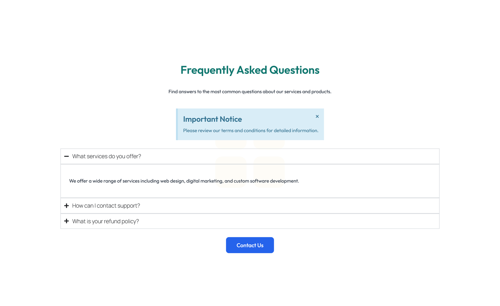 Screenshot of Centered FAQ with Accordion, Follow-up CTA 97 - Elementor FAQ Sections component