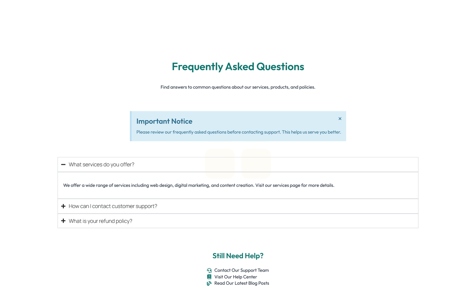 Centered FAQ with Accordion with Heading 98 - Elementor component