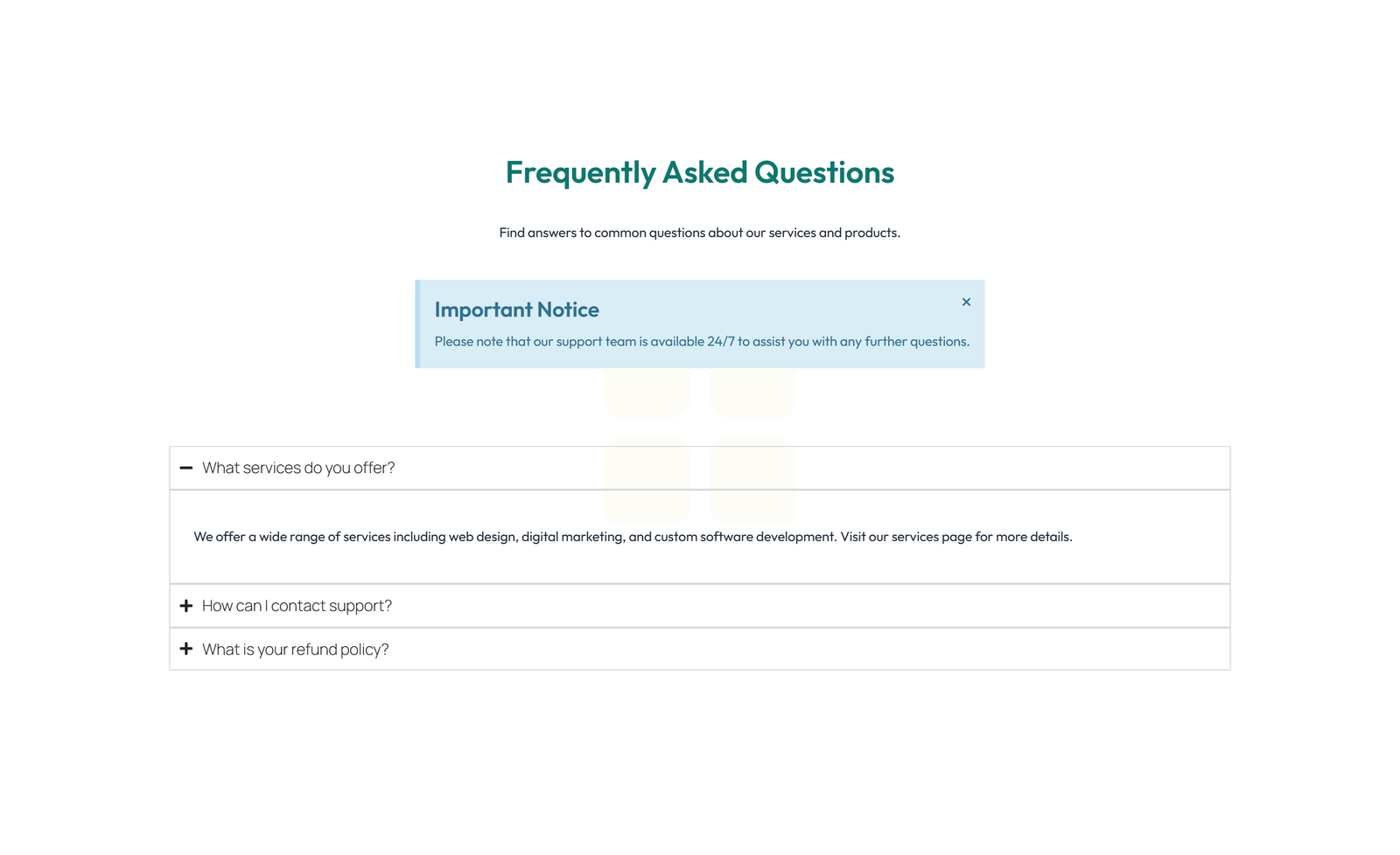 Screenshot of Centered FAQ with Accordion, Follow-up CTA 100 - Elementor FAQ Sections component