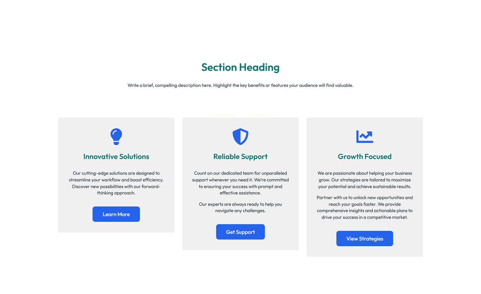 Feature Grid with 3-column Icon, Title, Text, CTA Cards 53 - Elementor component