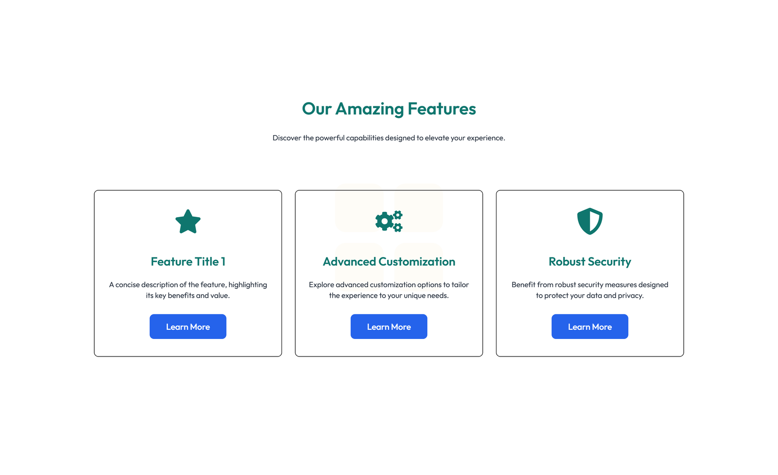 Feature Grid with 3-column Icon, Title, Text Cards 61 - Elementor component