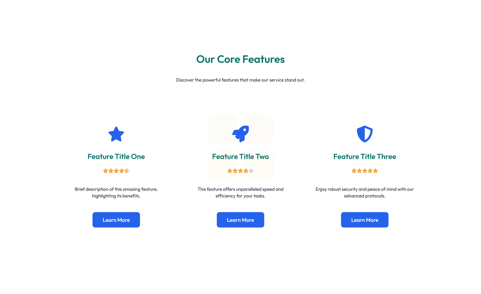 Screenshot of Feature Grid with 3-column Icon, Title, Text, CTA Cards 107 - Elementor Feature Sections component