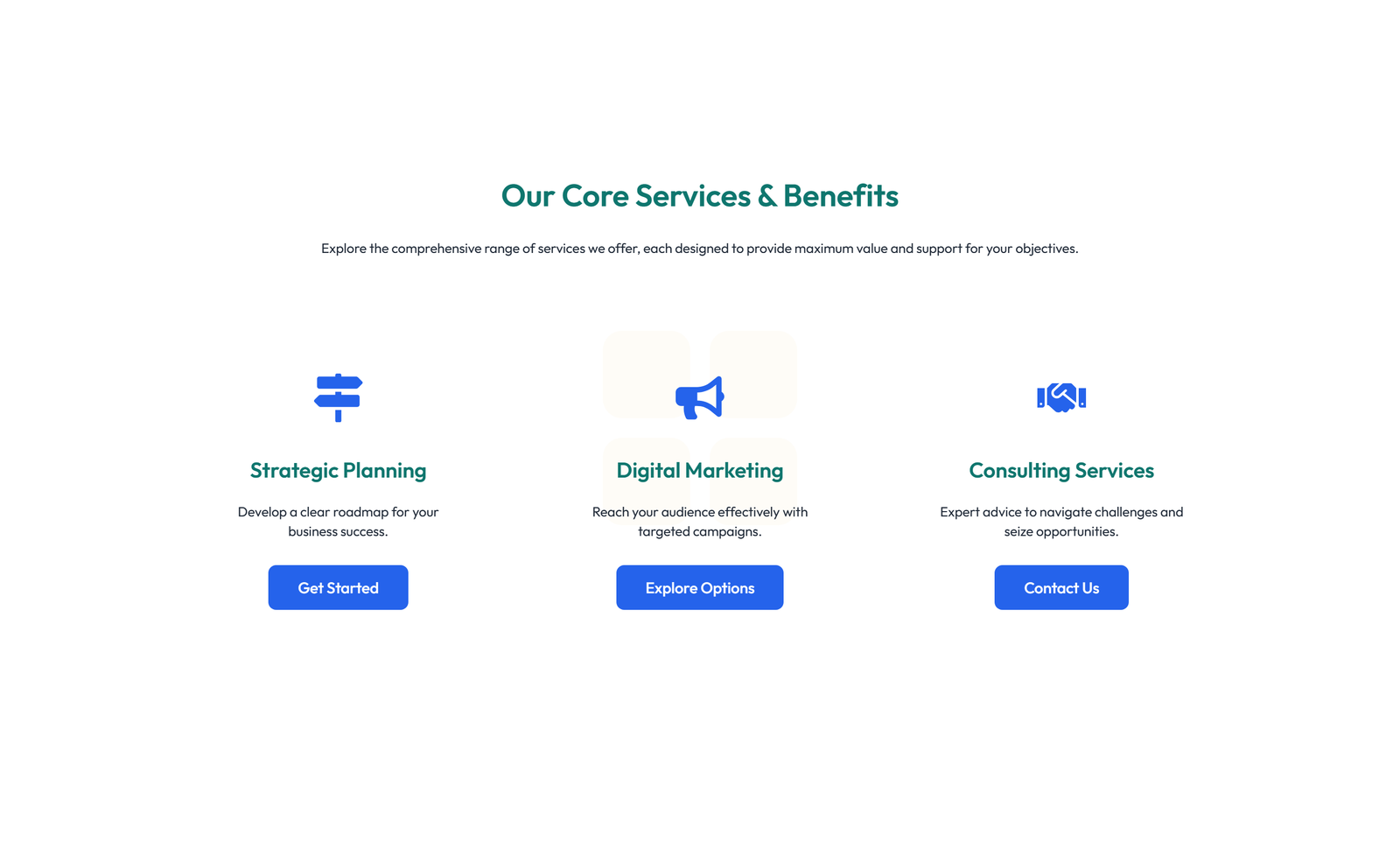 Screenshot of Feature Grid with 3-column Icon, Title, Text, CTA Cards 112 - Elementor Feature Sections component