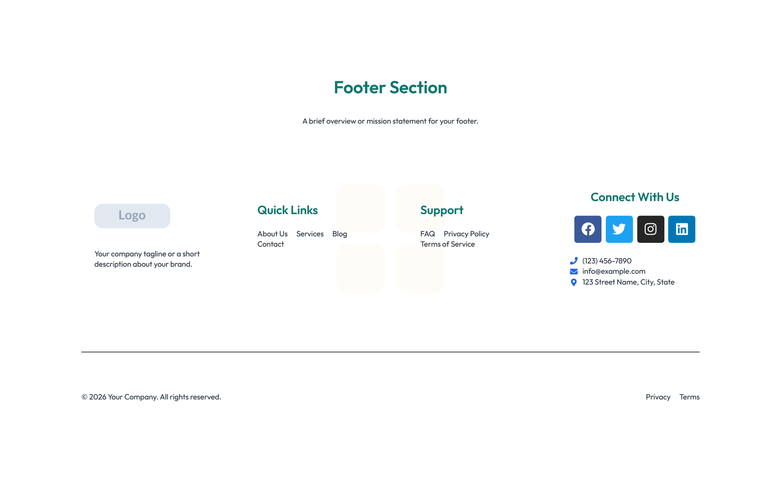 Screenshot of Footer with 3-column: Logo, Links, Contact, Social - Elementor Footers component