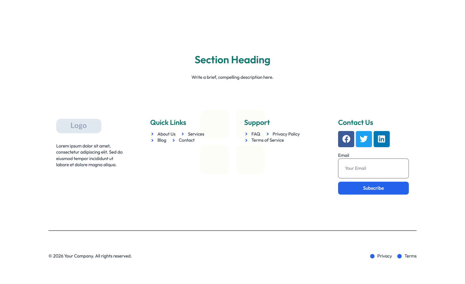 Screenshot of Footer with 3-column: Logo, Links, Contact, Social 2 - Elementor Footers component