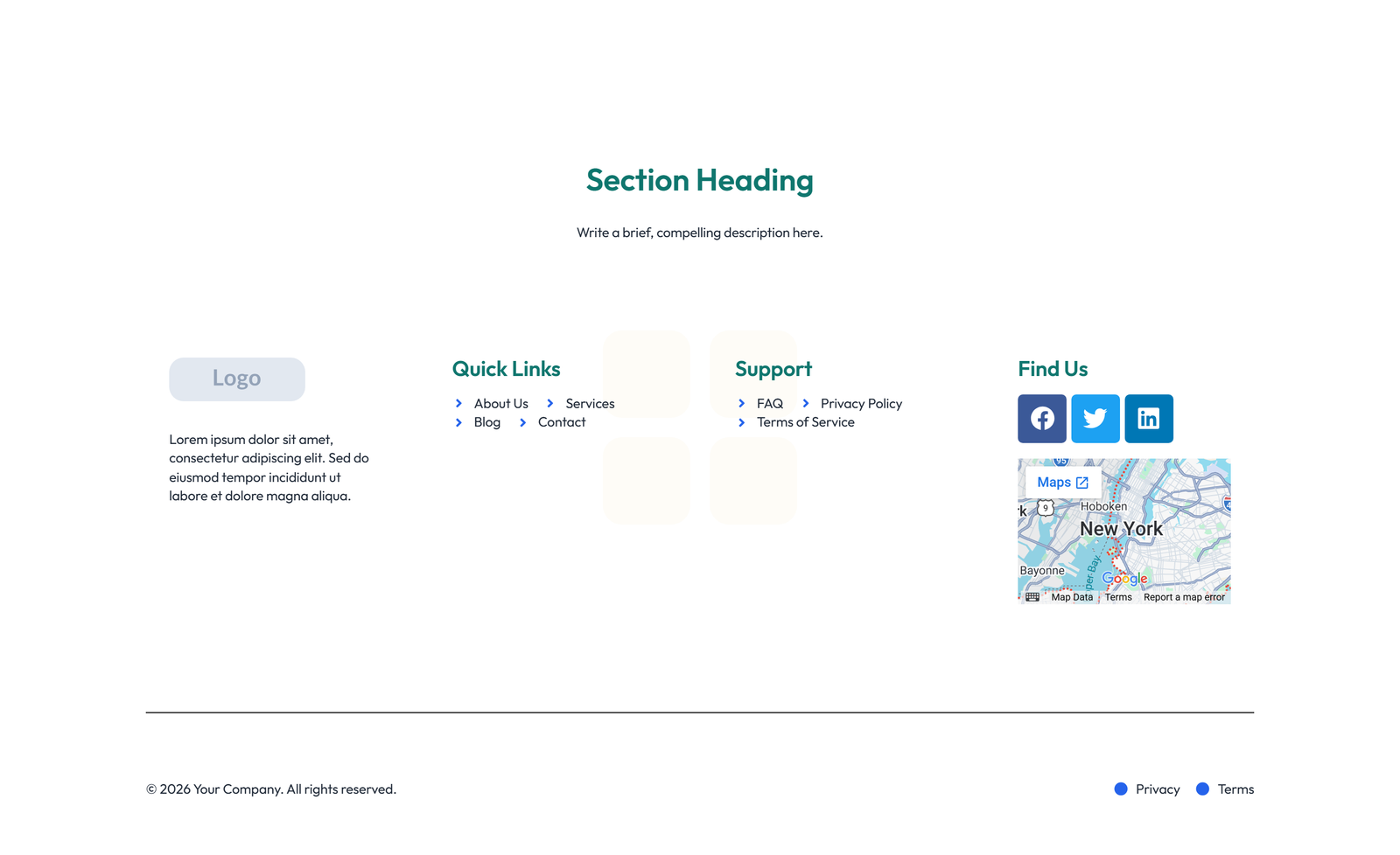 Footer with 4-column: Logo, Links, Links, Contact, Social 3 - Elementor component