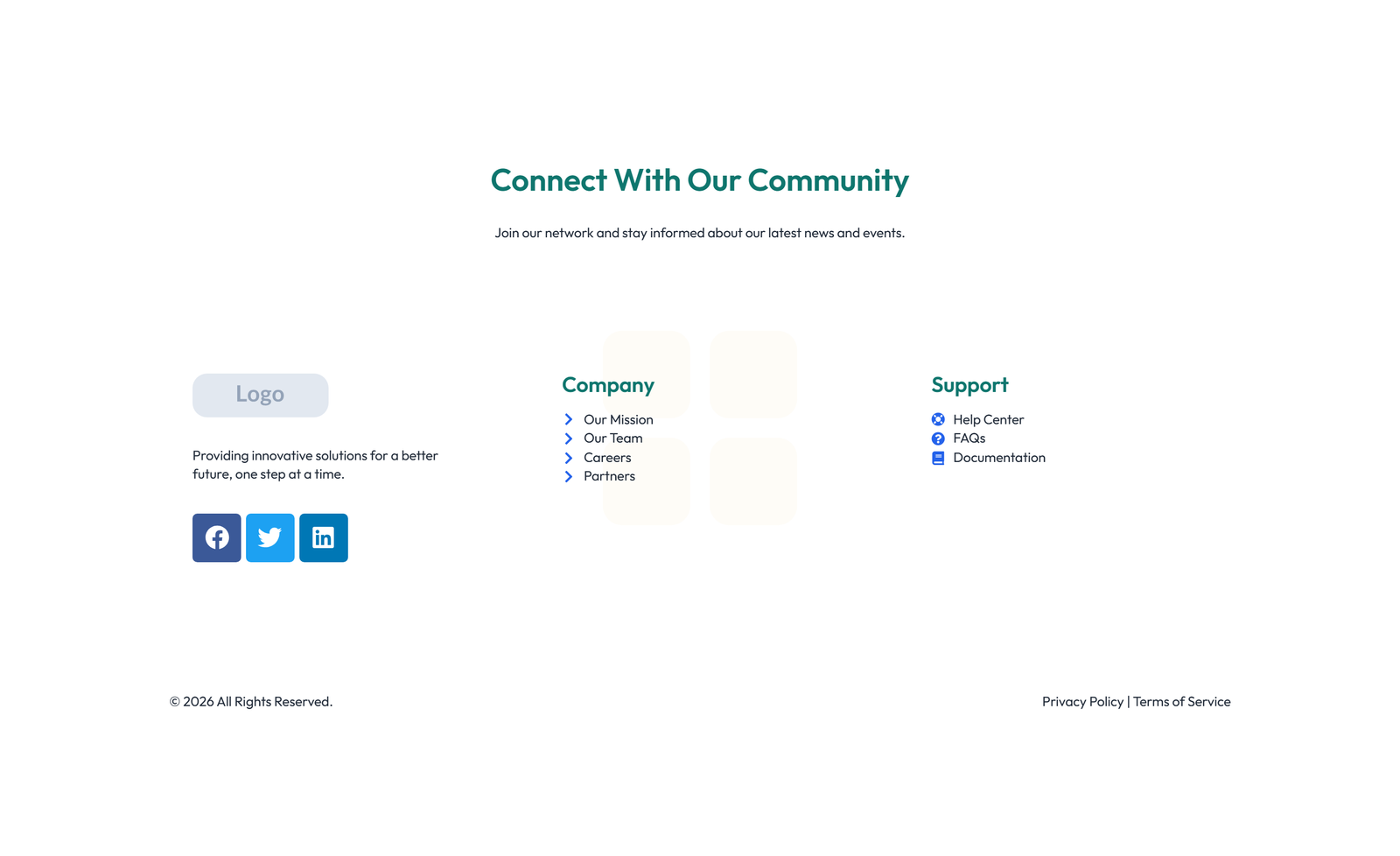Screenshot of Footer with 3-column: Logo, Links, Contact, Social 6 - Elementor Footers component