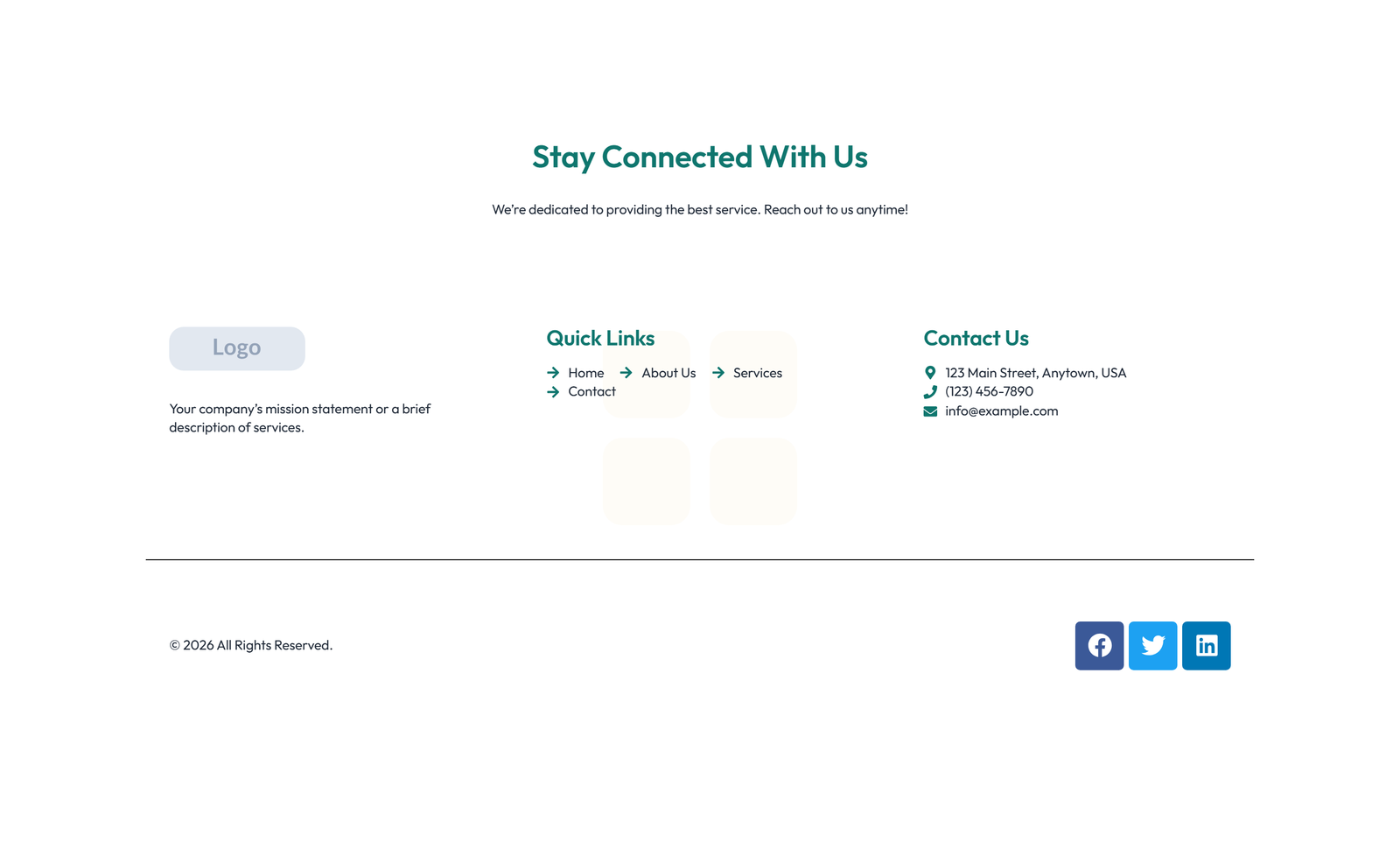 Screenshot of Footer with 4-column: Logo, Links, Links, Contact, Social 9 - Elementor Footers component