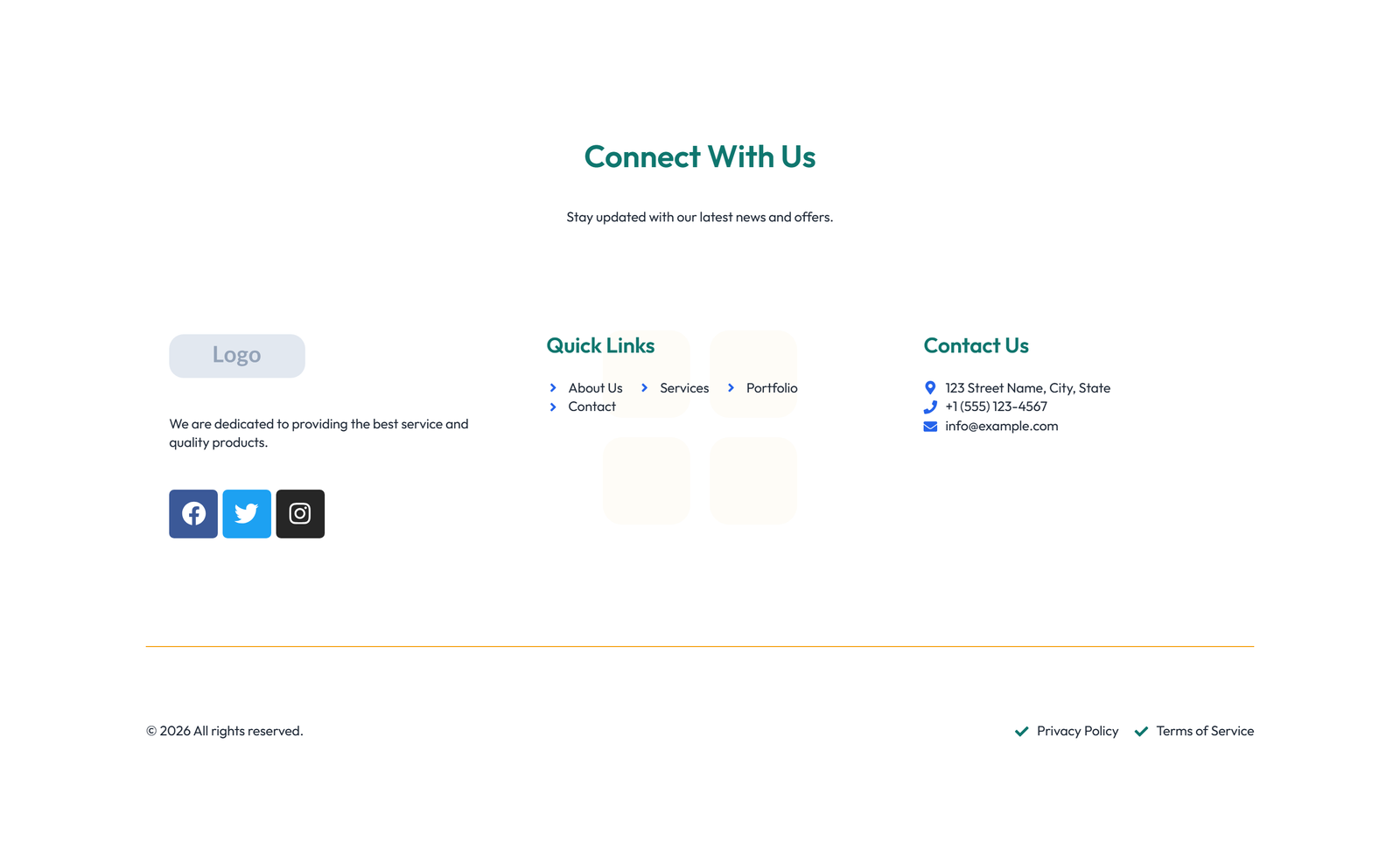 Screenshot of Footer with 3-column: Logo, Links, Contact, Social 10 - Elementor Footers component