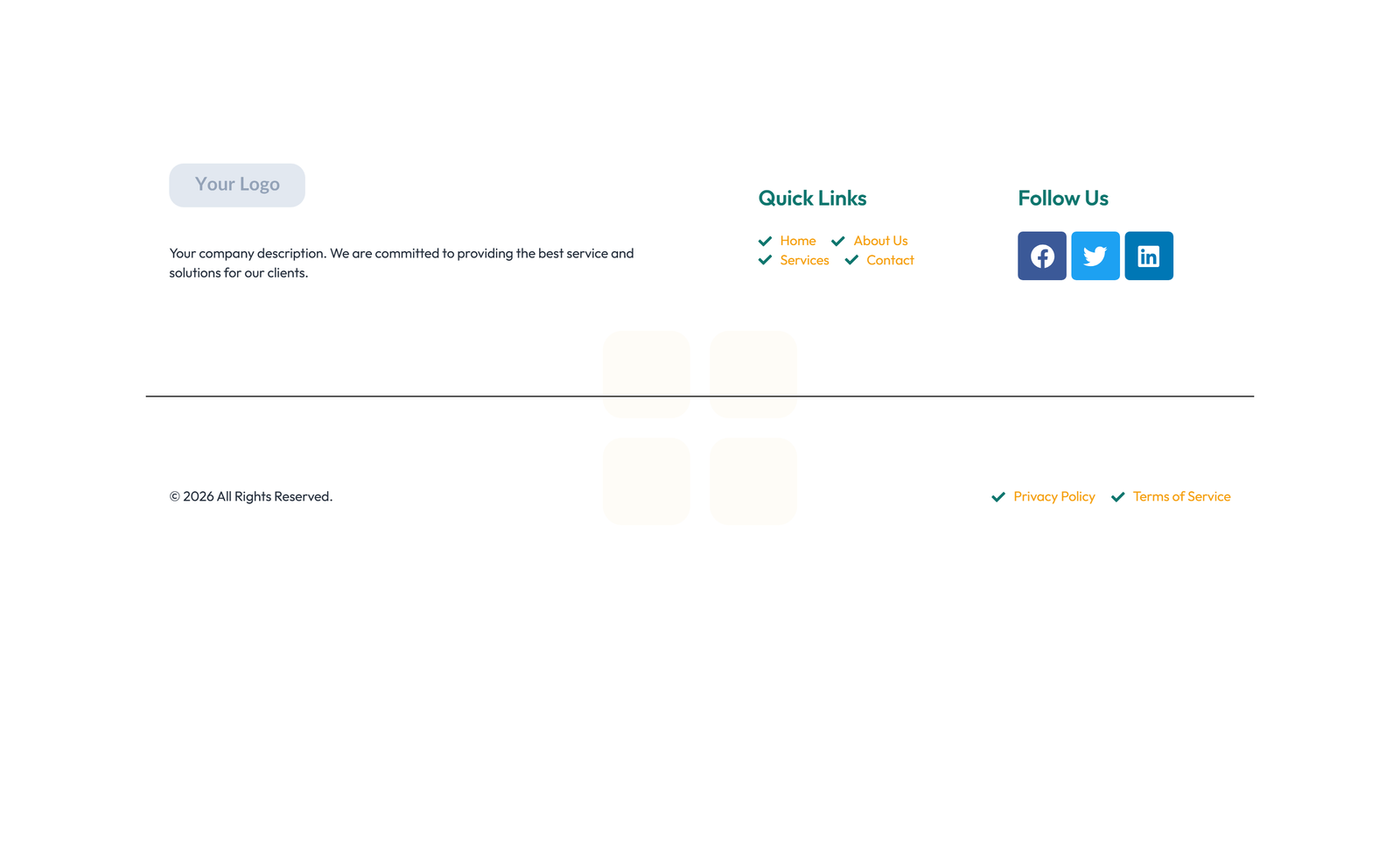 Screenshot of Footer with 4-column: Logo, Links, Links, Contact, Social 11 - Elementor Footers component