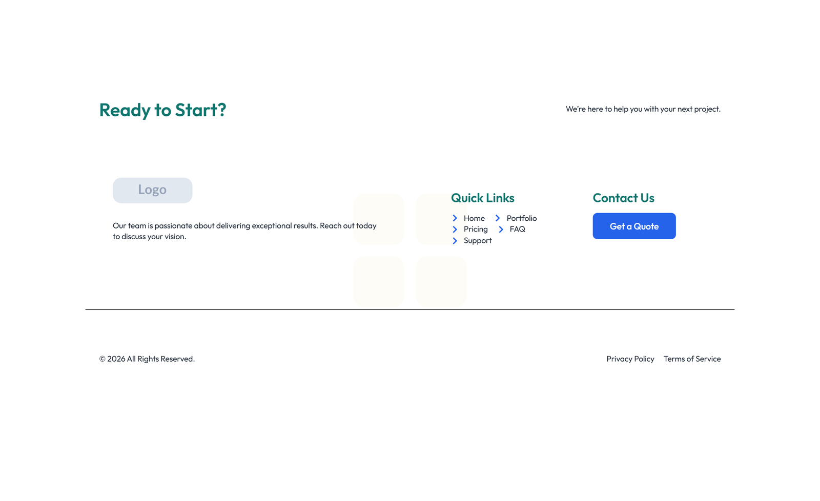 Screenshot of Footer with 4-column: Logo, Links, Links, Contact, Social 12 - Elementor Footers component