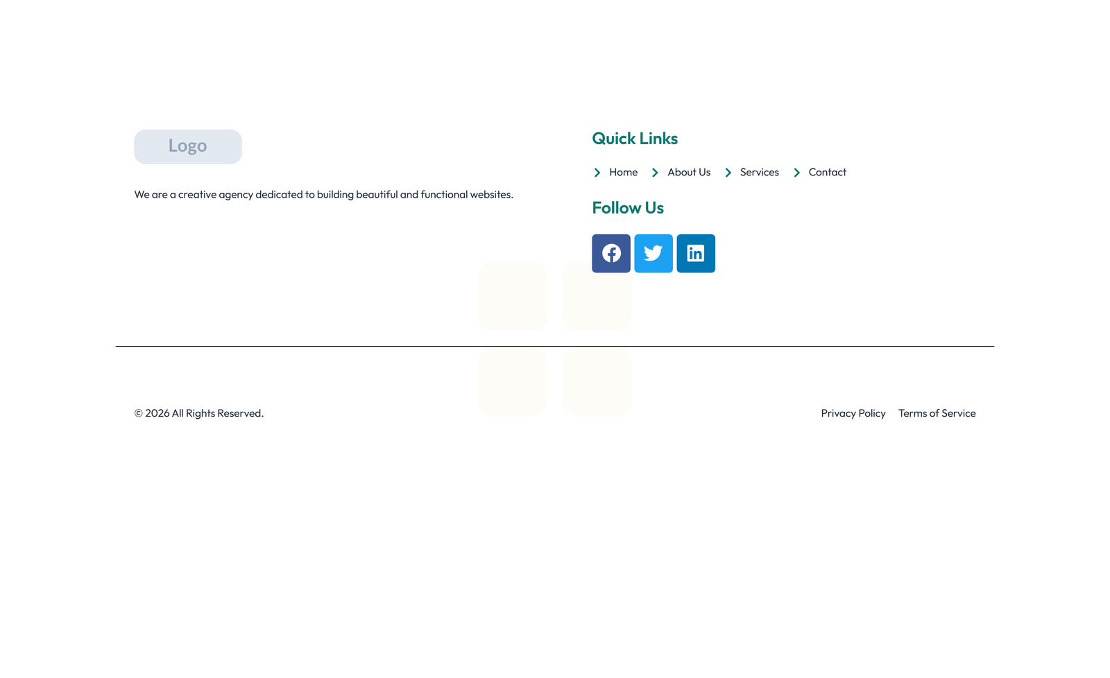 Screenshot of Footer with 4-column: Logo, Links, Links, Contact, Social 13 - Elementor Footers component