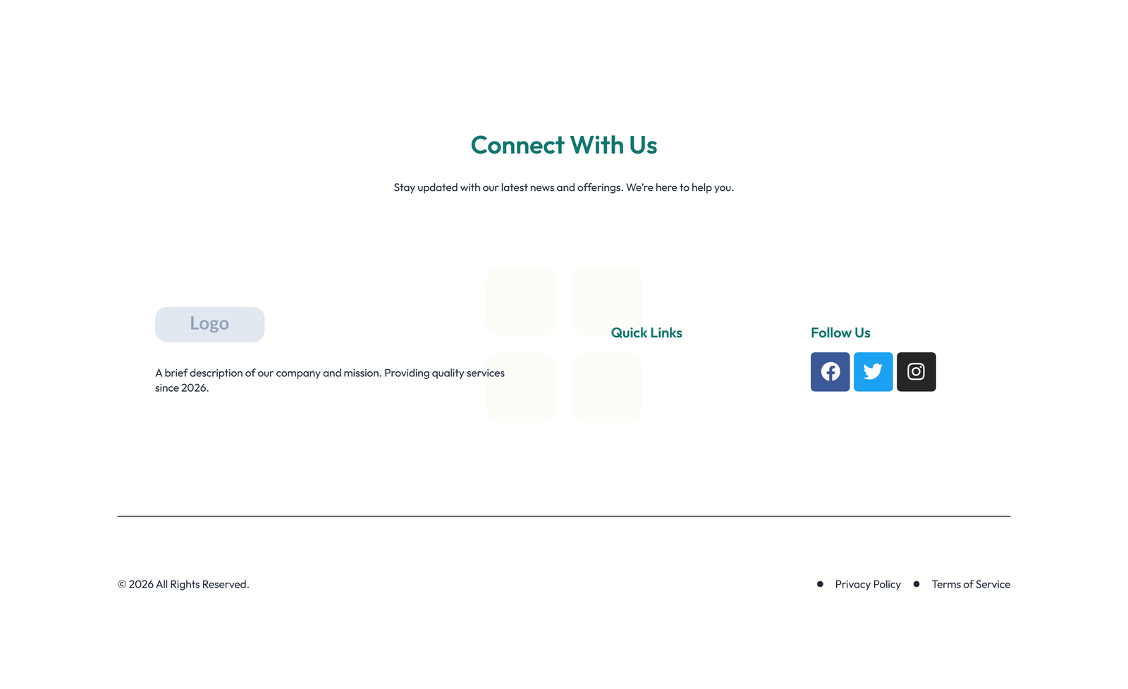 Screenshot of Footer with 3-column: Logo, Links, Contact, Social 13 - Elementor Footers component