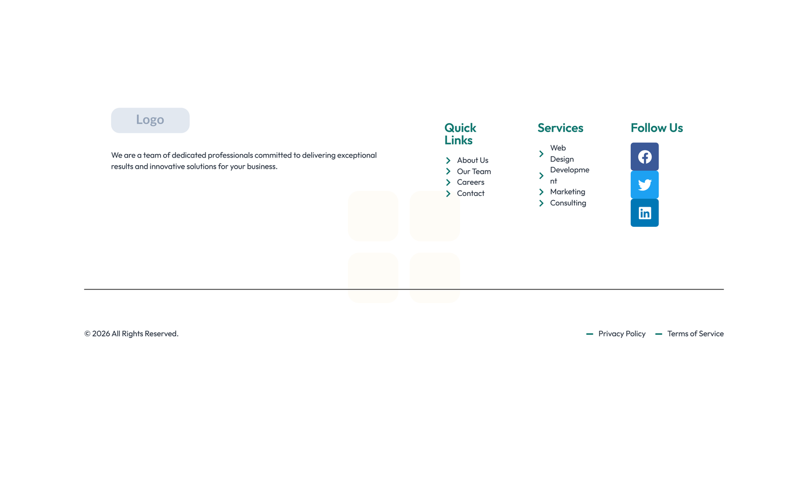 Screenshot of Footer with 4-column: Logo, Links, Links, Contact, Social 14 - Elementor Footers component