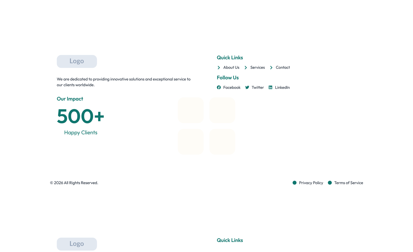 Screenshot of Footer with 3-column: Logo, Links, Contact, Social 14 - Elementor Footers component
