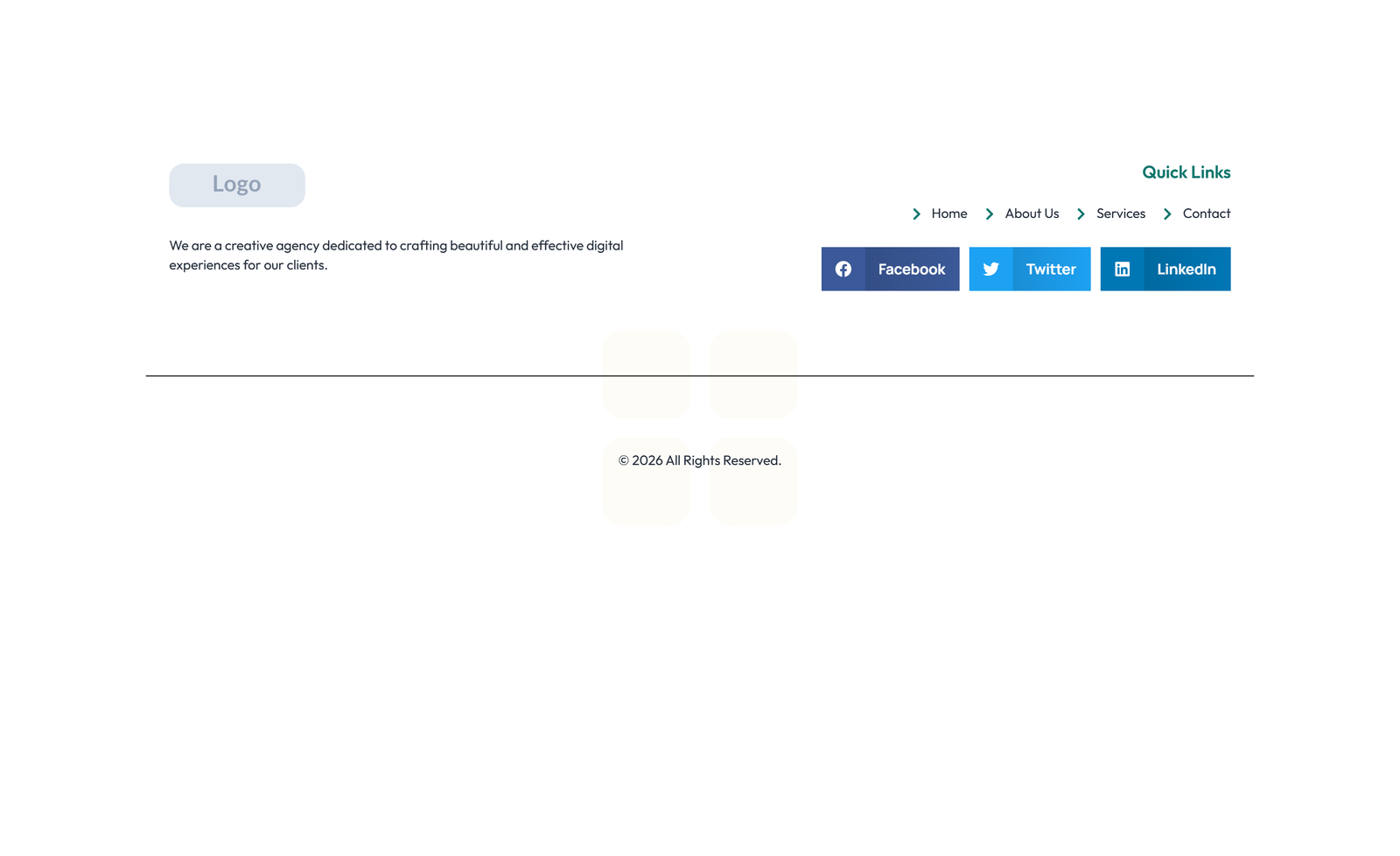 Screenshot of Footer with 3-column: Logo, Links, Contact, Social 15 - Elementor Footers component