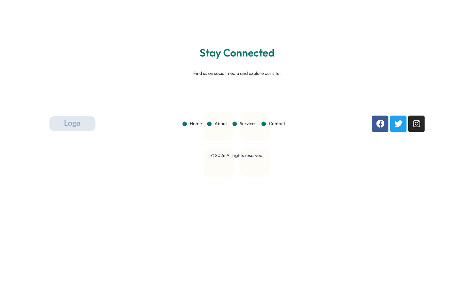 Screenshot of Footer with 3-column: Logo, Links, Contact, Social 16 - Elementor Footers component