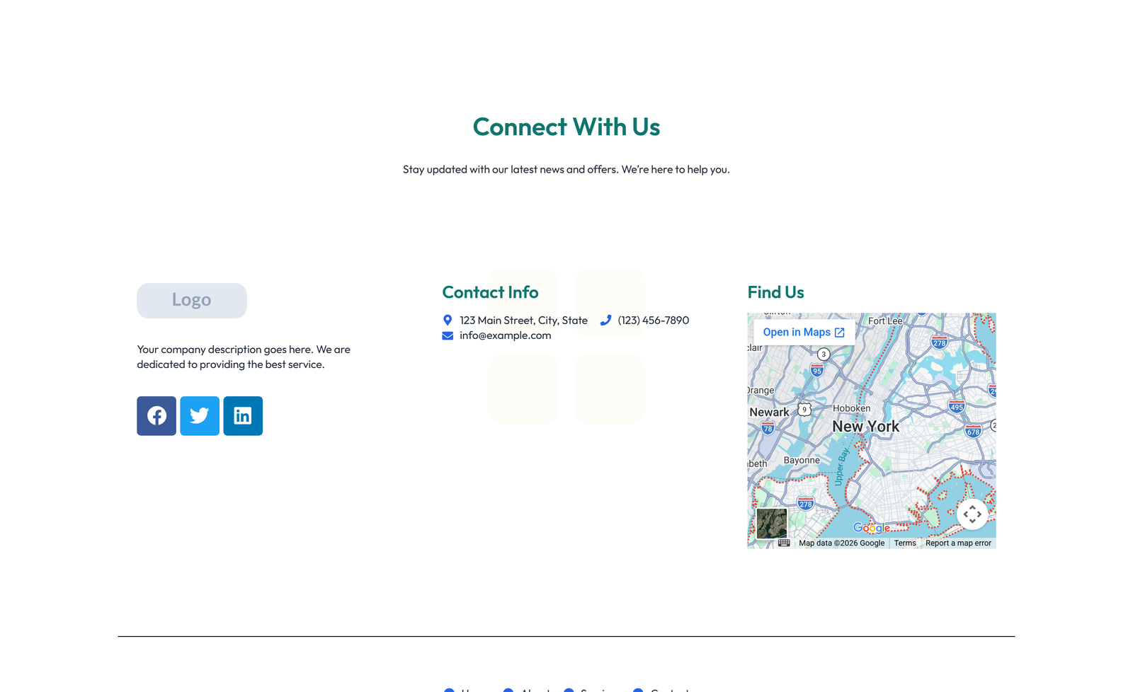 Footer with 4-column: Logo, Links, Links, Contact, Social 18 - Elementor component