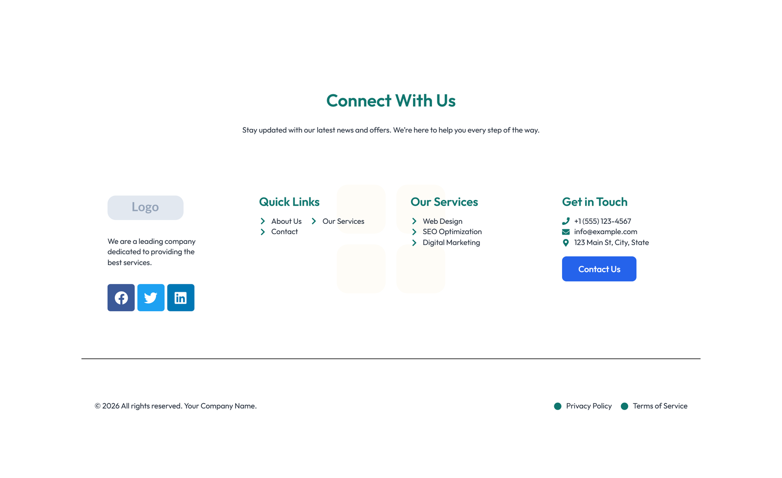 Footer with 4-column: Logo, Links, Links, Contact, Social 22 - Elementor component