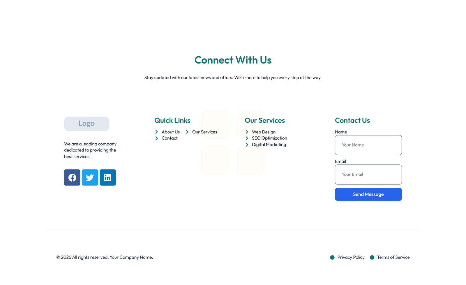 Footer with 3-column: Logo, Links, Contact, Social 22 - Elementor component