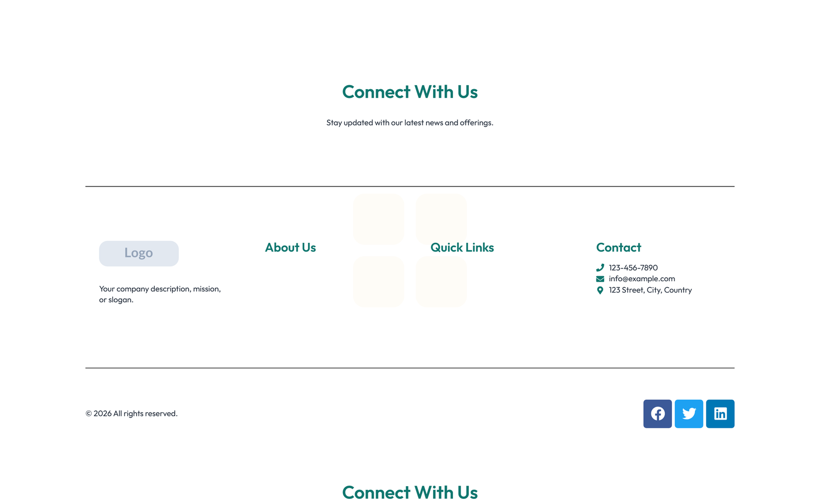 Screenshot of Footer with 3-column: Logo, Links, Contact, Social 23 - Elementor Footers component