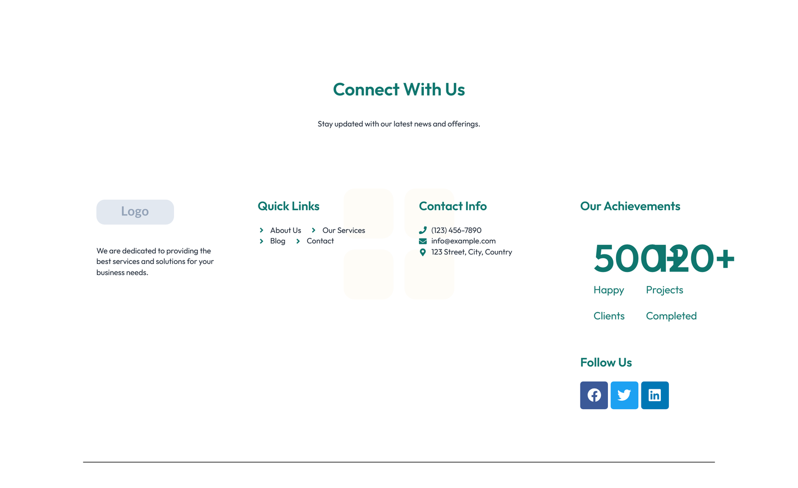 Footer with 3-column: Logo, Links, Contact, Social 24 - Elementor component