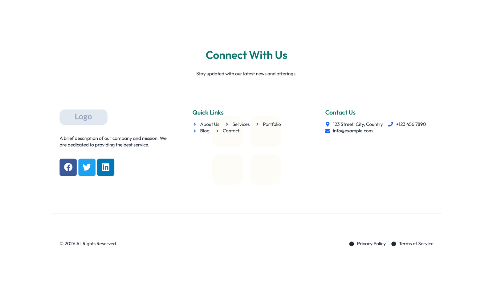 Screenshot of Footer with 4-column: Logo, Links, Links, Contact, Social 31 - Elementor Footers component