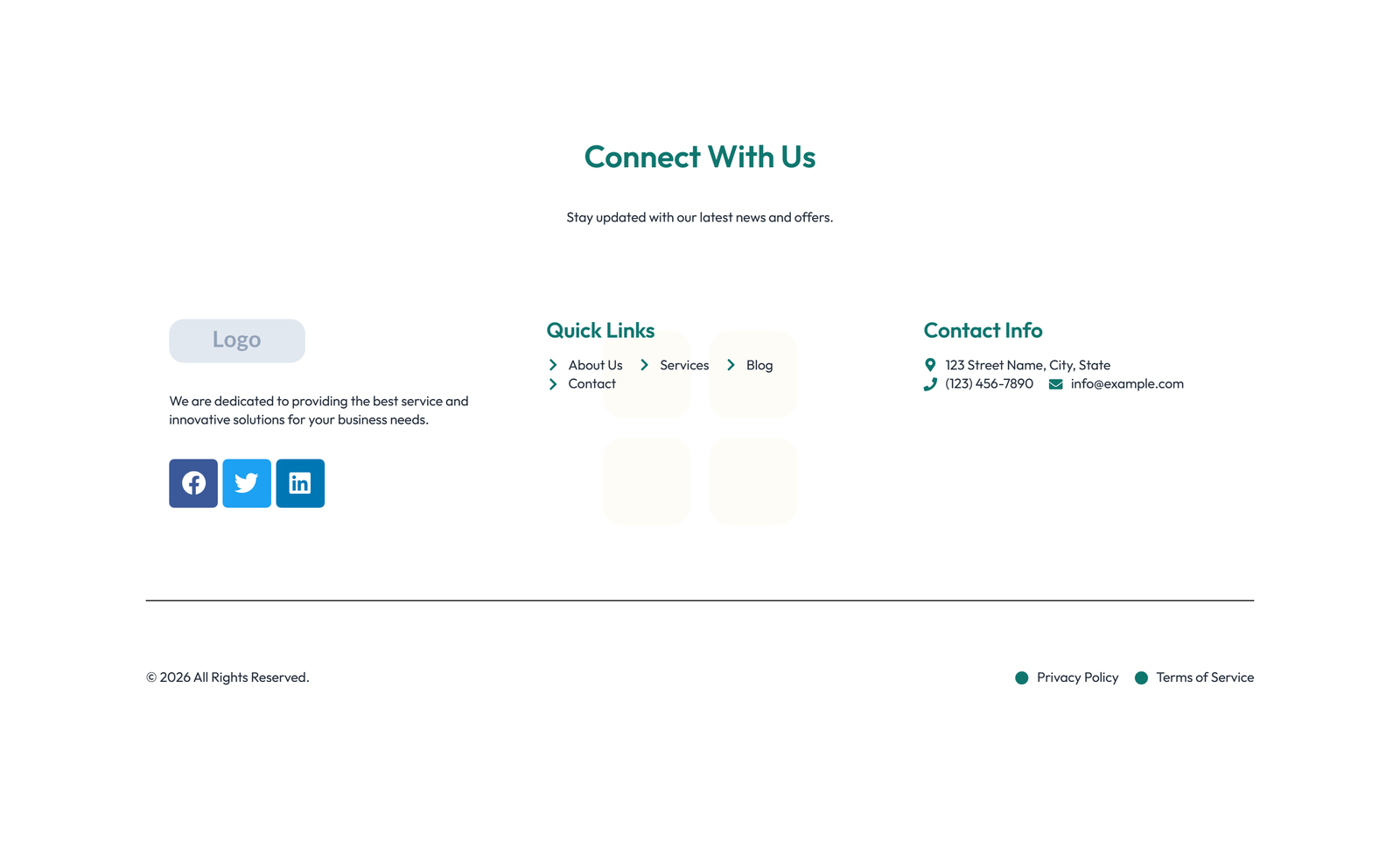 Screenshot of Footer with 3-column: Logo, Links, Contact, Social 31 - Elementor Footers component