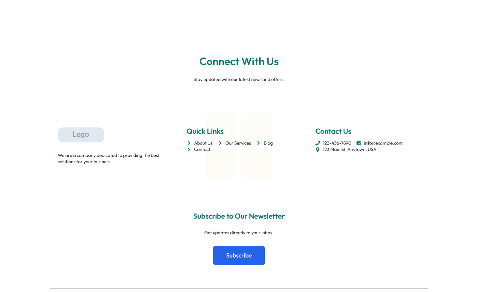 Screenshot of Footer with 4-column: Logo, Links, Links, Contact, Social 32 - Elementor Footers component