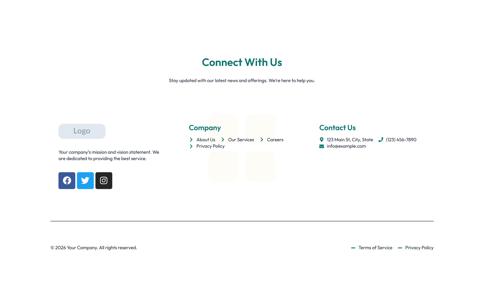 Screenshot of Footer with 4-column: Logo, Links, Links, Contact, Social 34 - Elementor Footers component
