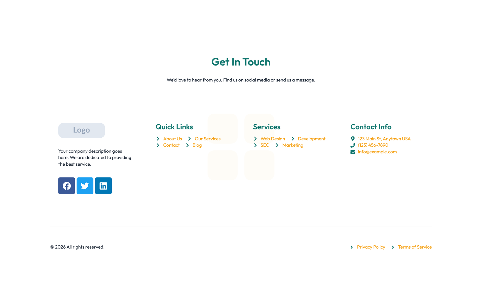 Screenshot of Footer with 4-column: Logo, Links, Links, Contact, Social 36 - Elementor Footers component
