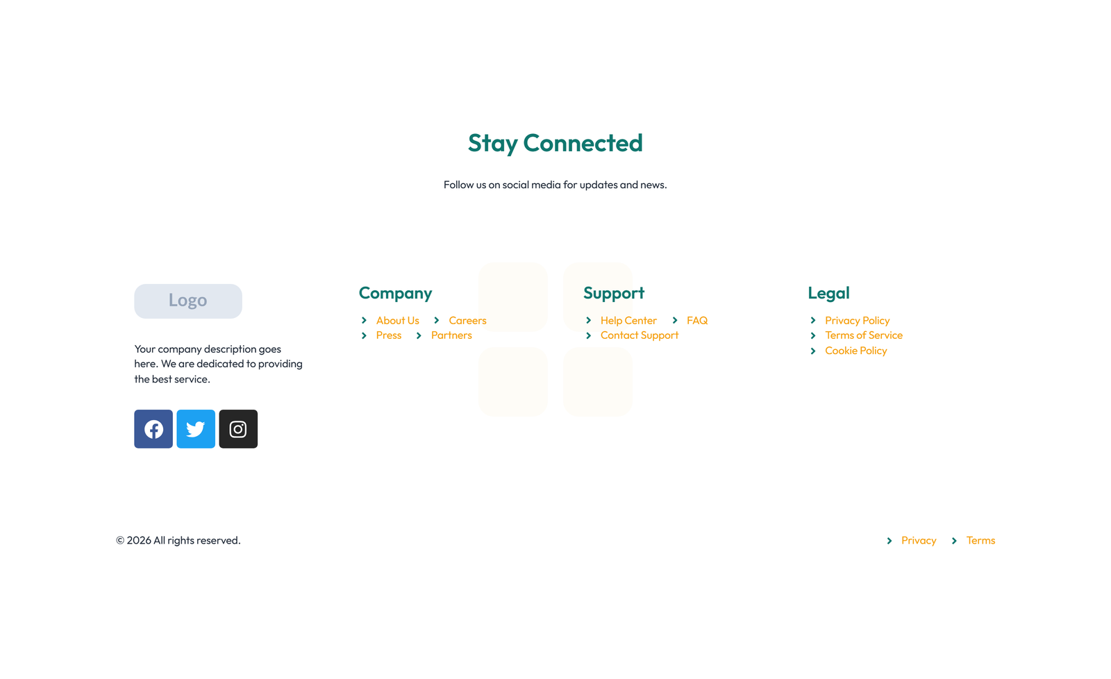 Screenshot of Footer with 3-column: Logo, Links, Contact, Social 36 - Elementor Footers component