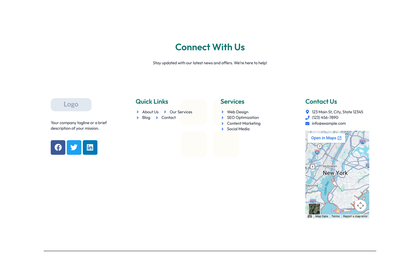 Footer with 4-column: Logo, Links, Links, Contact, Social 38 - Elementor component