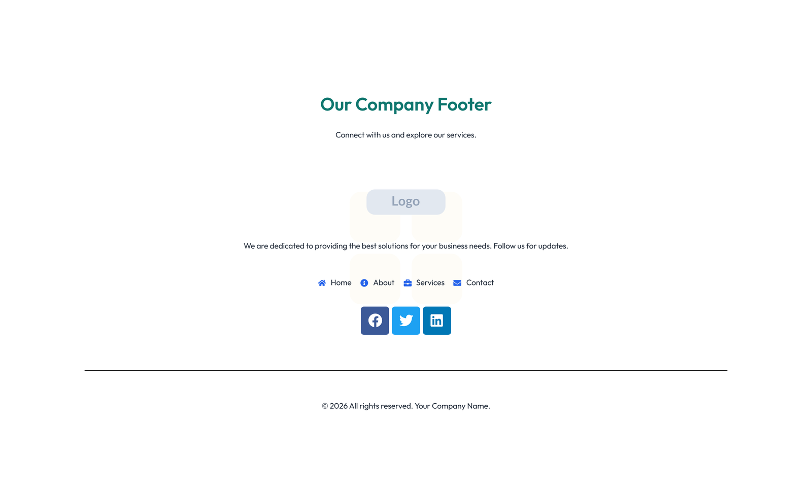 Screenshot of Footer with 3-column: Logo, Links, Contact, Social 41 - Elementor Footers component