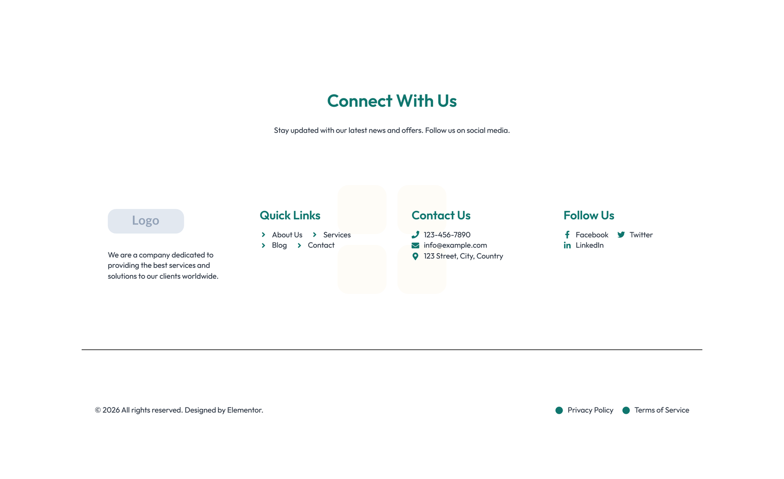 Screenshot of Footer with 4-column: Logo, Links, Links, Contact, Social 42 - Elementor Footers component