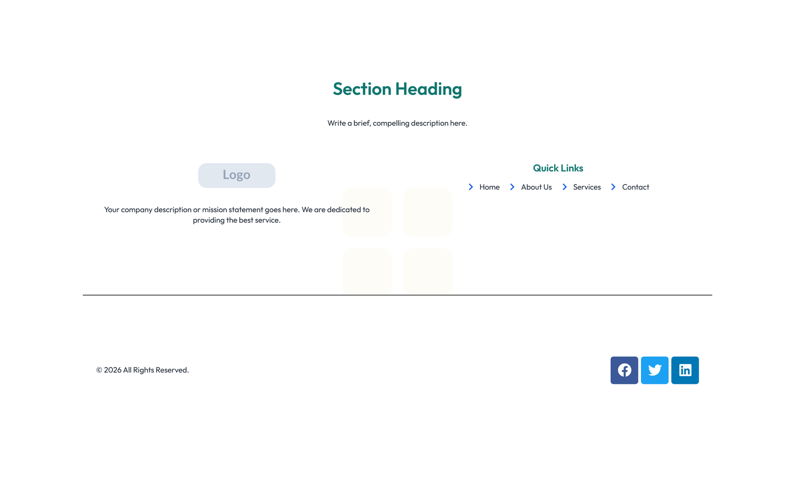 Screenshot of Footer with 3-column: Logo, Links, Contact, Social 42 - Elementor Footers component