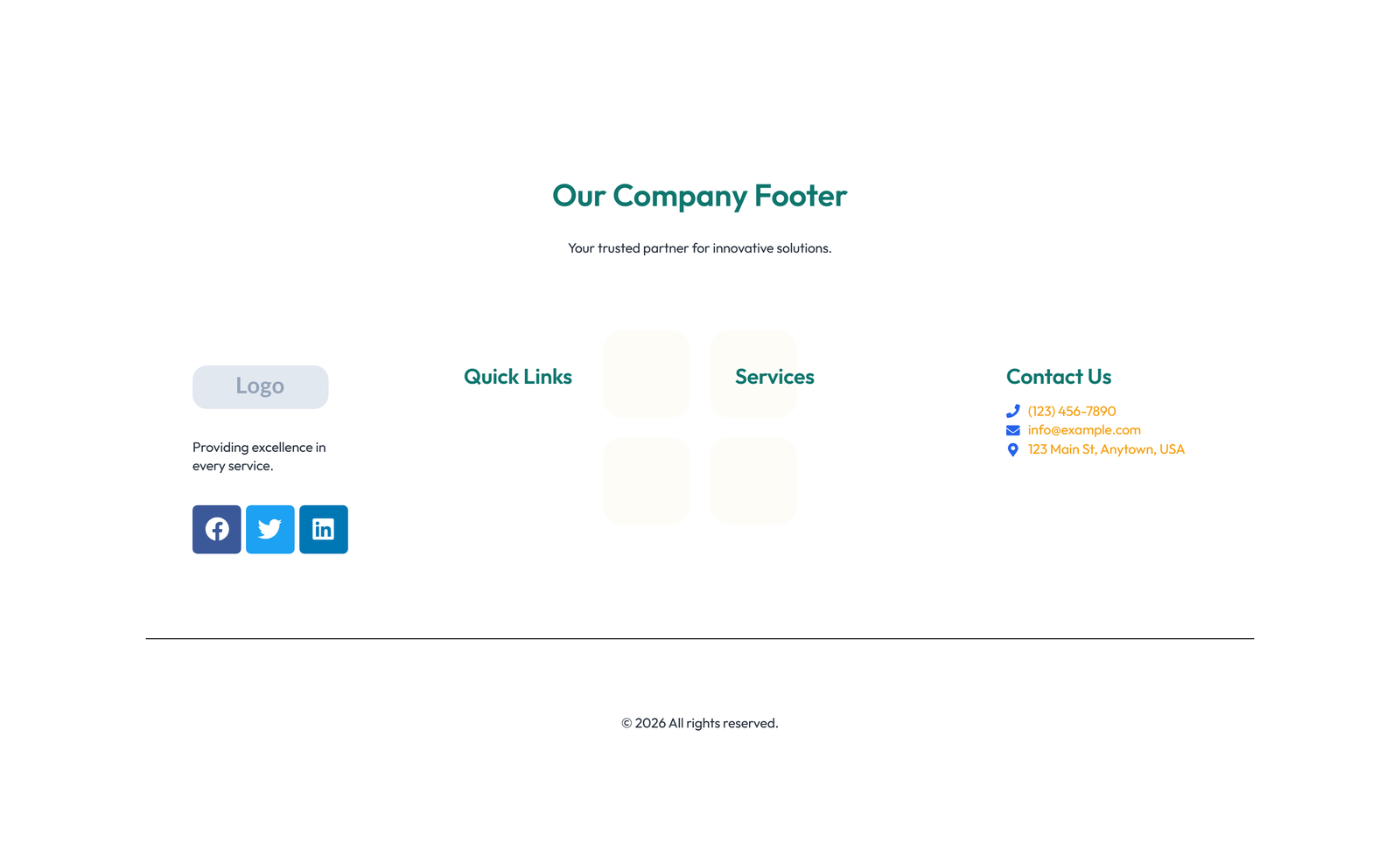 Screenshot of Footer with 3-column: Logo, Links, Contact, Social 43 - Elementor Footers component