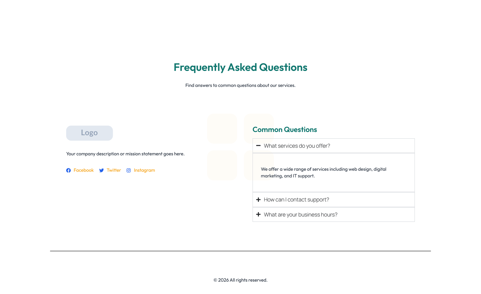 Screenshot of Footer with 4-column: Logo, Links, Links, Contact, Social 44 - Elementor Footers component