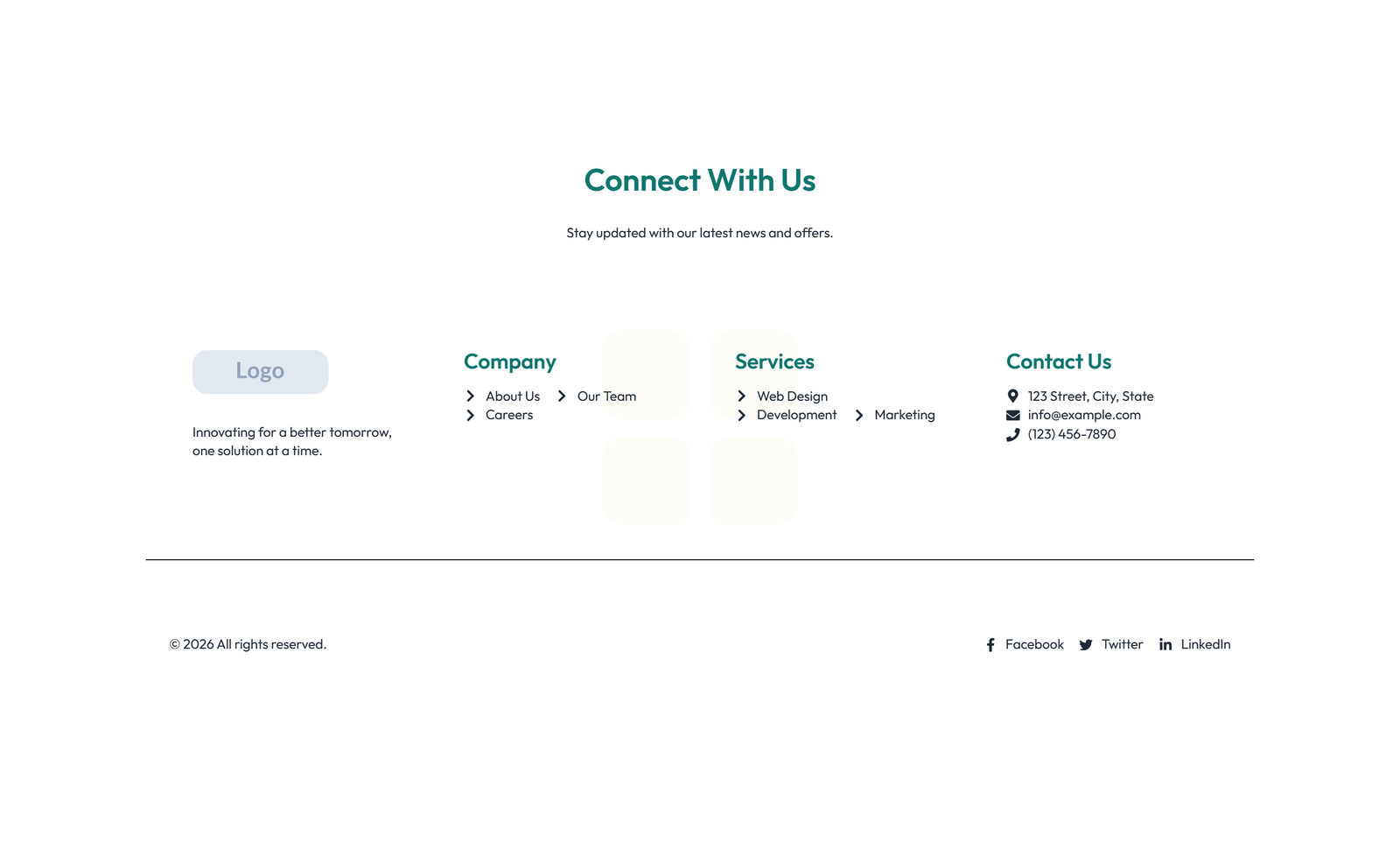 Screenshot of Footer with 3-column: Logo, Links, Contact, Social 44 - Elementor Footers component