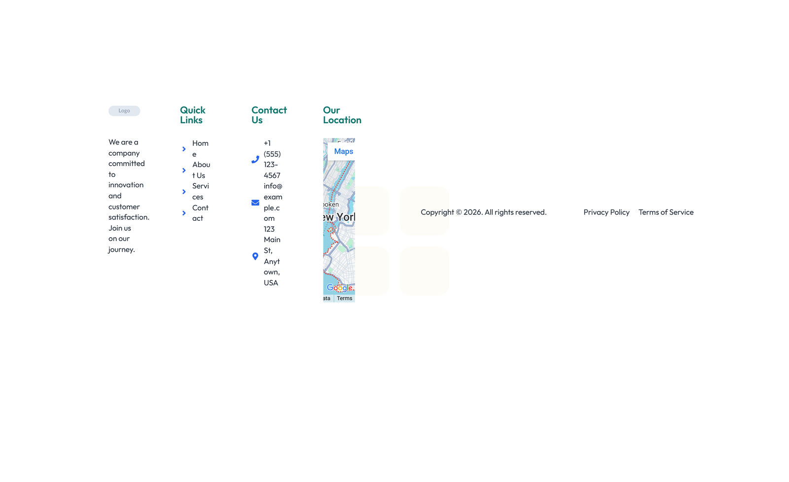 Screenshot of Footer with 4-column: Logo, Links, Links, Contact, Social 48 - Elementor Footers component