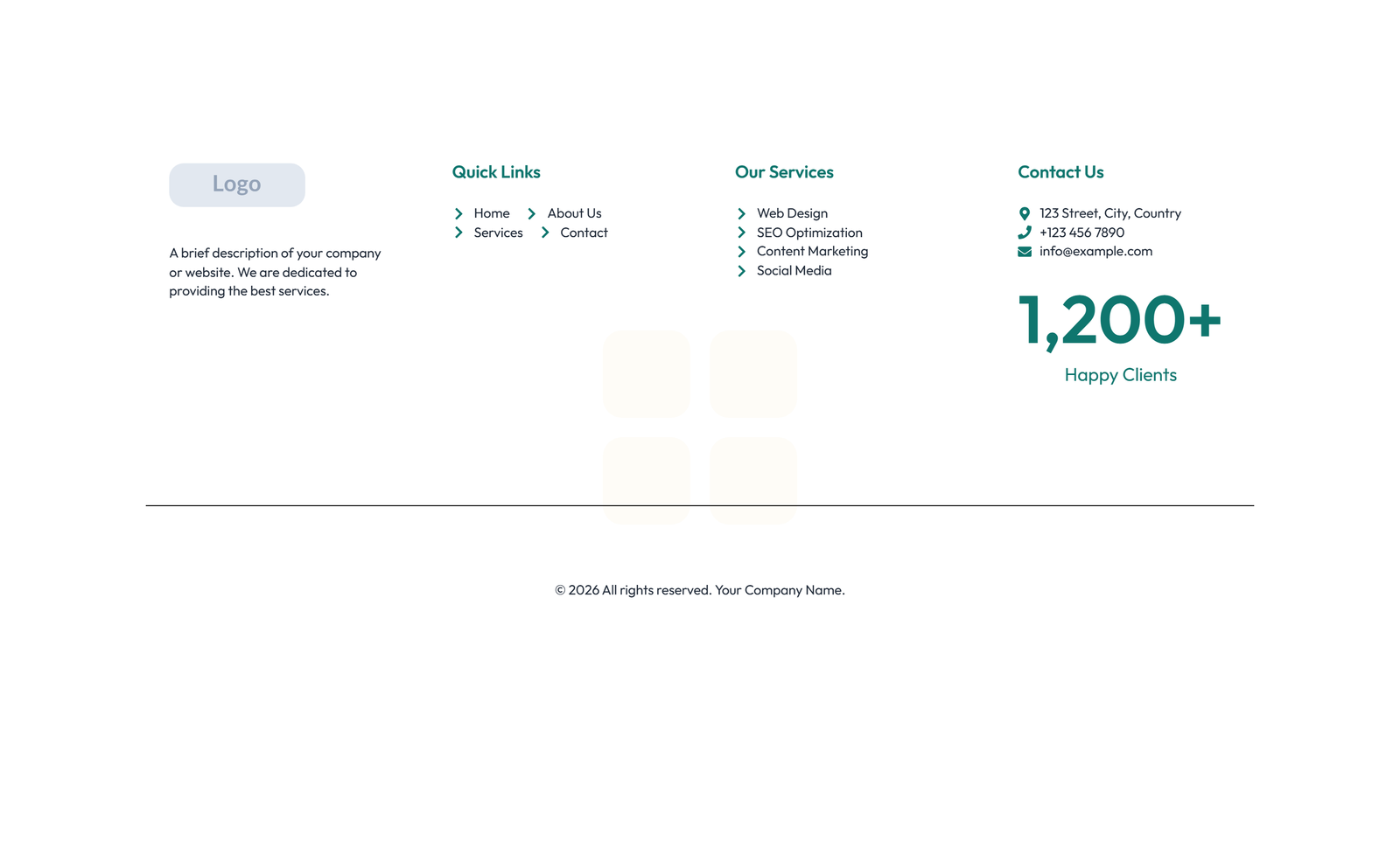 Screenshot of Footer with 3-column: Logo, Links, Contact, Social 49 - Elementor Footers component