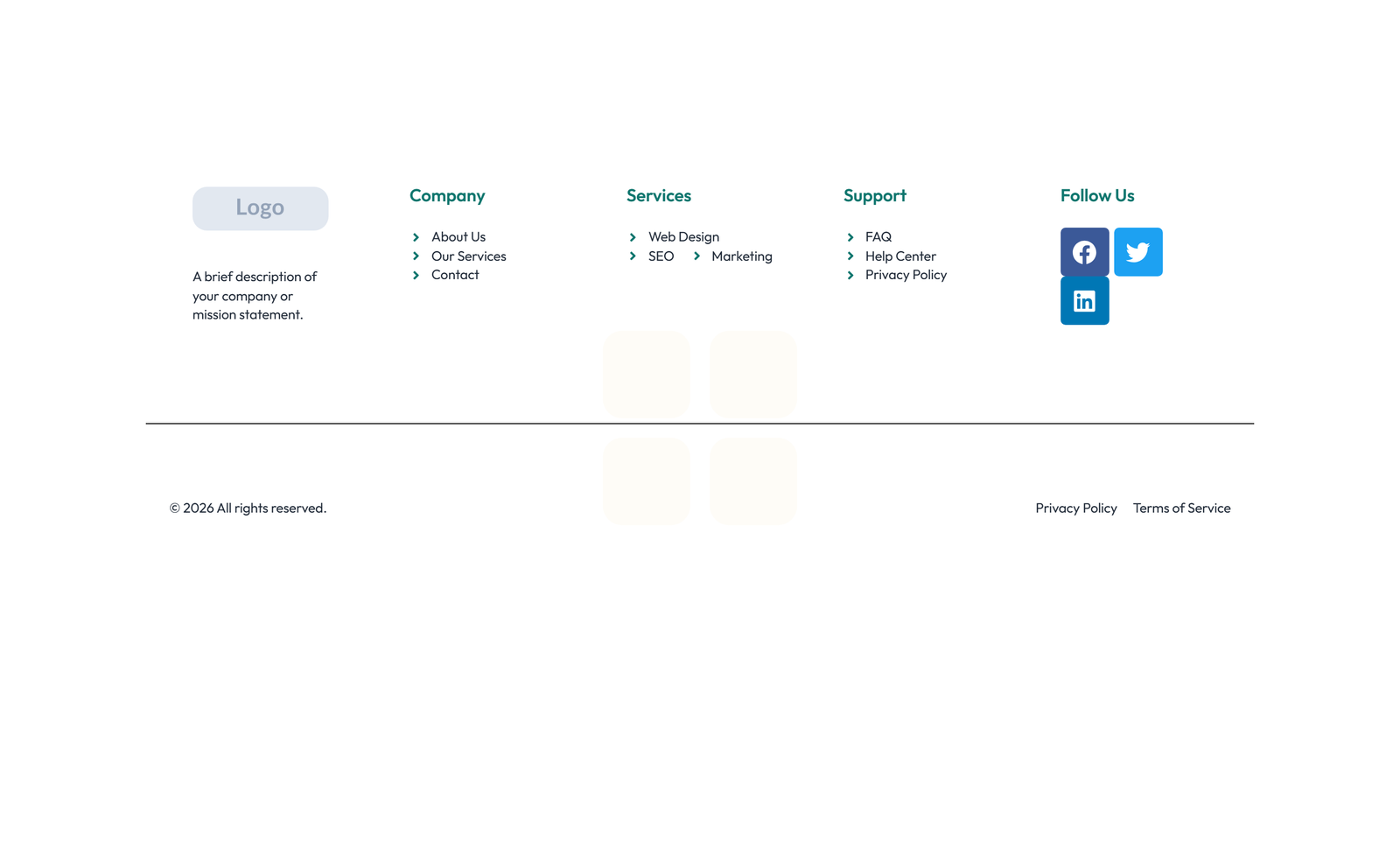 Screenshot of Footer with 3-column: Logo, Links, Contact, Social 51 - Elementor Footers component
