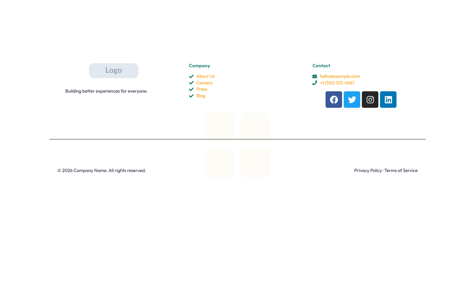 Screenshot of Footer with 3-column: Logo, Links, Contact, Social 179 - Elementor Footers component
