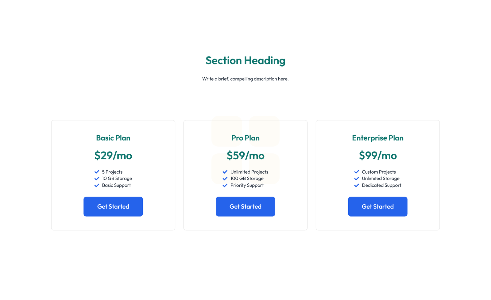 Screenshot of Pricing with 3-column Price Table Comparison 2 - Elementor Pricing Sections component