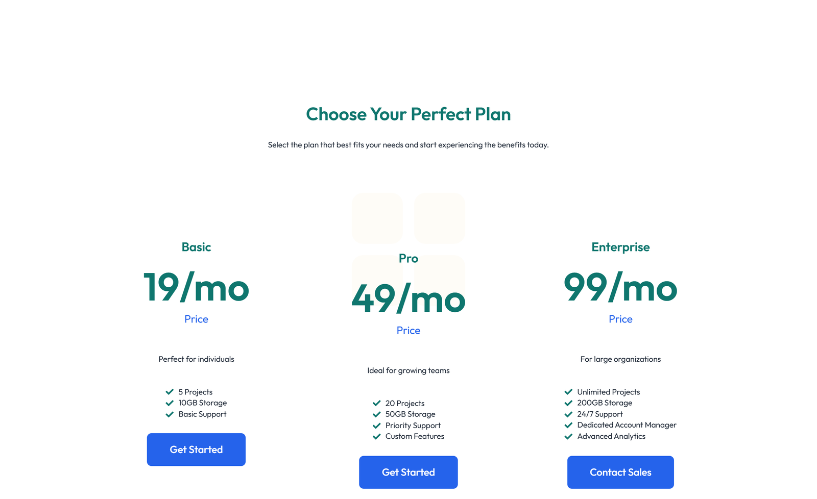 Pricing with 3-column Price Table Comparison 9 - Elementor component